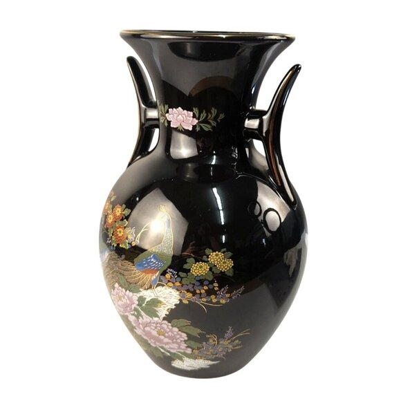 Vintage Black Ceramic Vase With Floral & Peacock Motif Gold Accents Decorative D - Picture 3 of 16